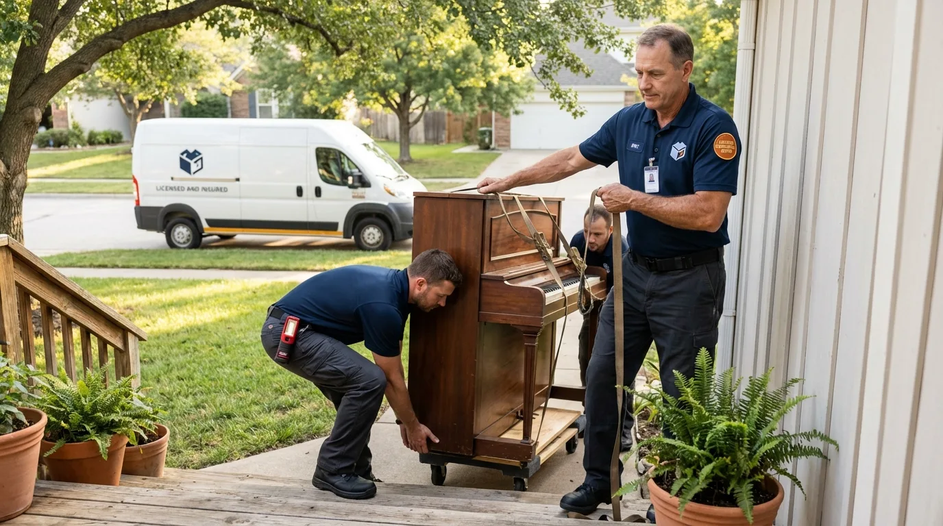 Licensed piano movers securing grand piano in Mount Pleasant, PA
