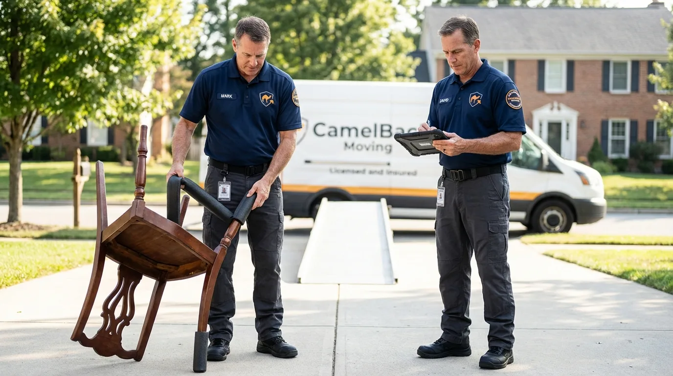 Movers inspecting furniture for damage prevention before loading in Mount Pleasant, PA