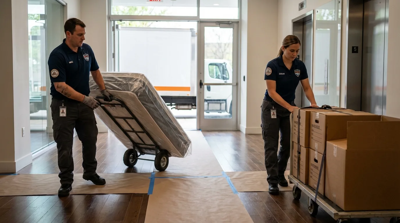 Professional apartment movers loading elevator in Mount Pleasant, PA